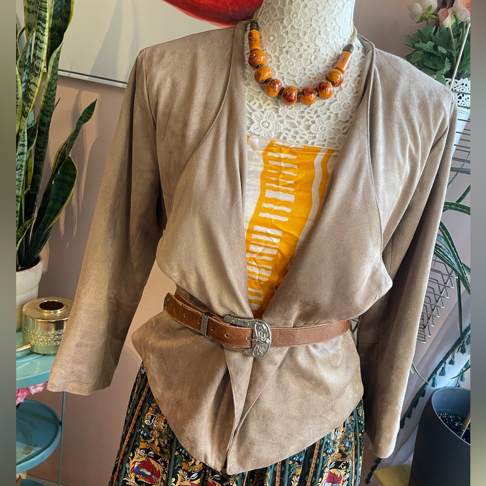 Vintage Tan Soft Suede-like Drapey Open Waterfall Lightweight Blazer, Sz M